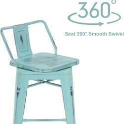 24 Inch Swivel Bar Stools Set of 4 Counter Height Swivel Bar Stools with Backs Industrial Barstools for Kitchen (Swivel 24 inch, Distressed Blue-Green