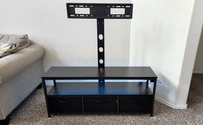 Black Modern Wooden and Metal TV Stand/Entertainment Center with TV Mount, Shelves, Drawers, LED and Power for up to 65"TV. Dimensions: 47.25"W x 12"D