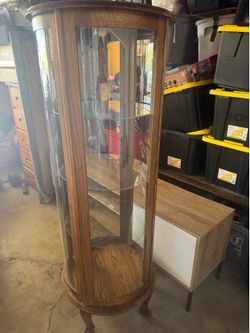 Vintage Oak curved  glass curio cabinet
