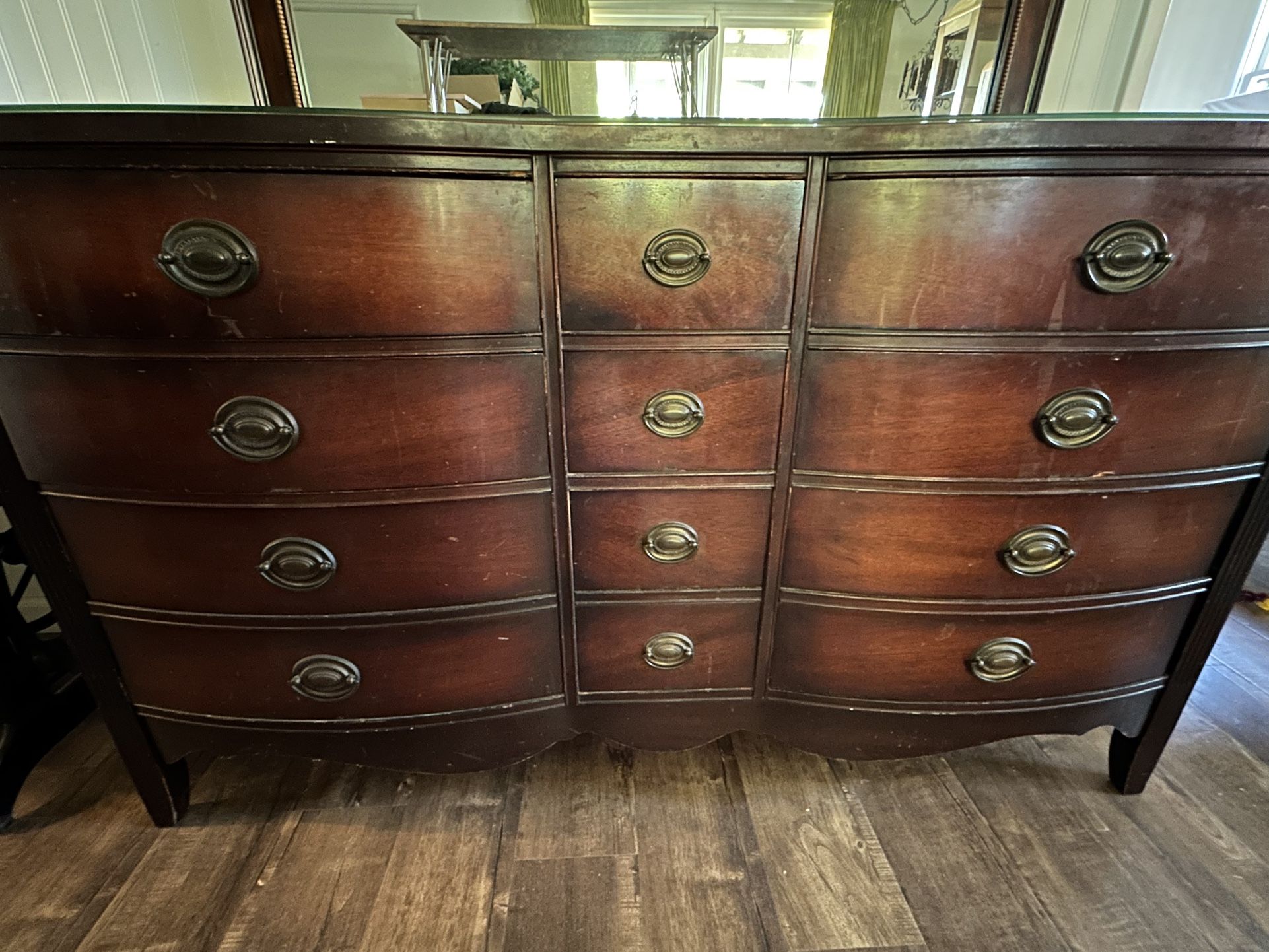 Vintage Federal 9-Drawer Serpentine Dresser with Mirror & Custom Glass Top