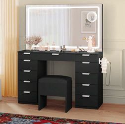 Vanity Desk Set Large LED Mirror & Power Outlet Makeup Vanity 11 Drawers And Magnifying Glass Vanity Table With Power Outlet & Storage Bench 3 Color &