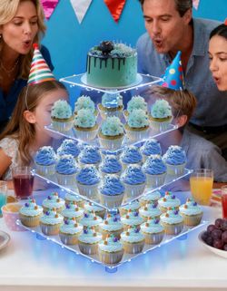 4 Tier Acrylic Cupcake Tower Stand with LED String Lights, Clear Dessert Display Tree,Blue Light