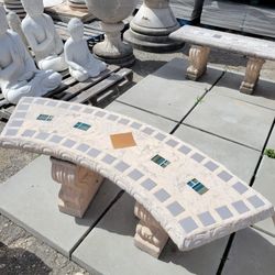 Concrete Mosaic Tile Inlay Curved Benches / Cement Garden Patio Bench / Outdoor Patio Furniture