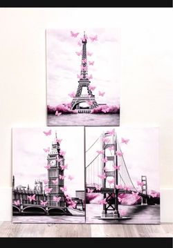 3Pcs Pink & Grey London Big Ben, Paris Eiffel Tower & Golden Gate Bridge Wall Art 💕Please Read Description
