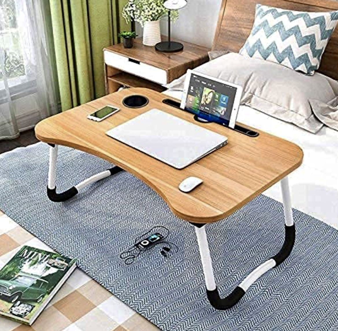 *NEW* Oak Laptop Desk, Wheanen Portable Laptop Bed Tray Table Notebook Stand Reading Holder with Foldable Legs & Cup Slot for Eating Breakfast, Readin
