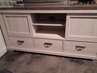 Gray Wood TV Stand with Drawers and Shelves