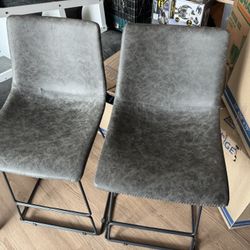 2x Tall Bar Grey Leather Metal Stools