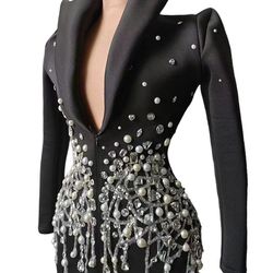 Crystal Rhinestone Dress Deep V Neck Sparkle Black Party Birthday Performance Drag 