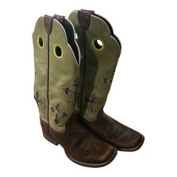 ARIAT KIDS RANCHERO LIME GREEN BROWN CAMO CROSS COWBOY WESTERN BUCKAROO BOOTS 12,