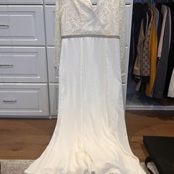 VENUS White Gown Lace Top With Pearl Detail And White Skirt