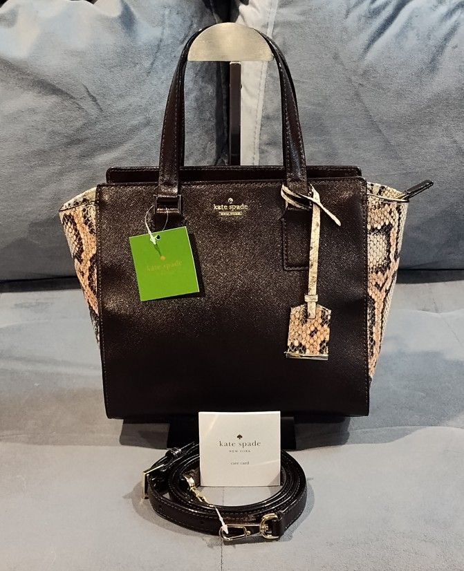 NWT KATE SPADE CAMERON STREET SNAKESKIN EMBOSSED BROWN METALLIC LEATHER TOTE WITH CROSSBODY STRAP, PINK NYLON INTERIOR. 11½" x 9"