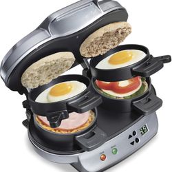 Hamilton Beach Dual Breakfast Sandwich Maker with Timer, Ready in 5 Minutes, Removable Dishwasher Safe PFAS-Free Non-Stick Egg Cooker Ring, Silver
