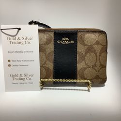 Coach Corner Zip Wristlet Signature Canvas With Brown Stripe 