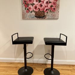 Set Of 2 Bar Stools, Adjustable Height, Oil Rubbed Bronze Base & Faux Leather Seat  
