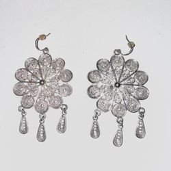 Silver Flower Earrings 3 Dangling Drops Bold Chandelier Style  