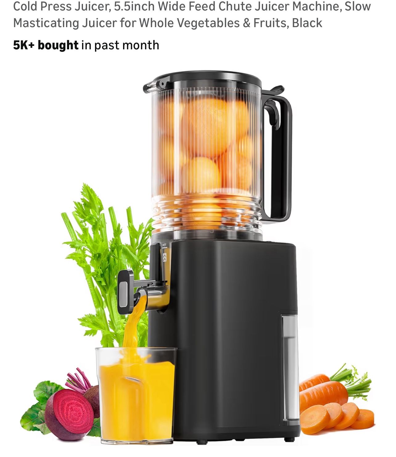 Cold Press Juicer, 5.5inch Wide Feed Chute Juicer Machine, Slow Masticating Juicer for Whole Vegetables & Fruits, Black 