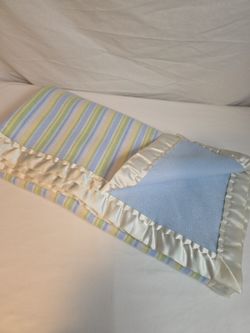 Vintage Baby Blanket Pastel Striped Blue Green Yellow Cream Satin Trim Fleece