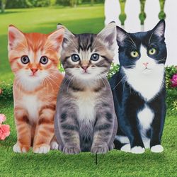 Realistic kitten trio outdoor garden stake