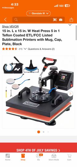 Shop VEVOR 15 in. L x 15 in. W Heat Press 5 in 1 Teflon Coated ETL/FCC Listed Sublimation Printers with Mug, Cap, Plate, Black