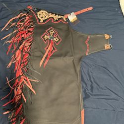 Rodeo Wins Chaps RW Double Fringe Red/Black Leather 