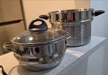 Pot With Lid, Strainer, Glass Trays That Can Go From Oven To Freezer $3 EACH. Rice Cooker $5.