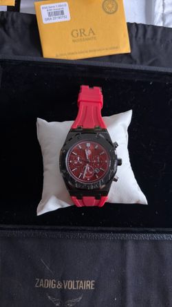 Stainless Steel Chronograph Watch with Red Silicone Strap red face black bezel