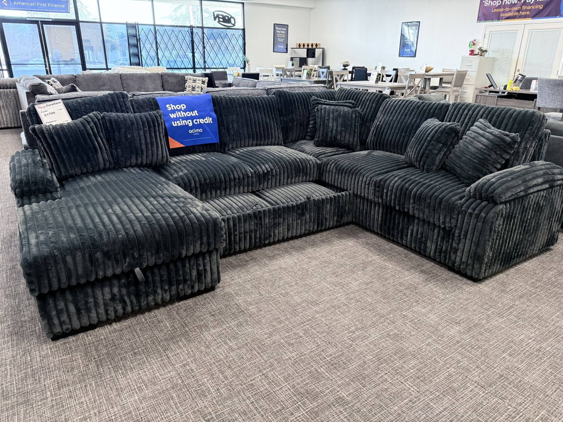 Dark Gray Corduroy Sectional W/ Pullout Sleeper & Storage Chaise - EZ $10 Down Payment Options Available