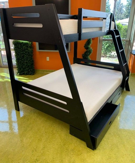 Black solid wood twin / full bunk bed with two storage drawers