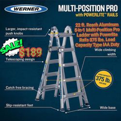 Werner

22 ft. Reach Aluminum 5-in-1 Multi-Position Pro Ladder with Powerlite Rails 375 lbs. Load Capacity Type IAA Duty

