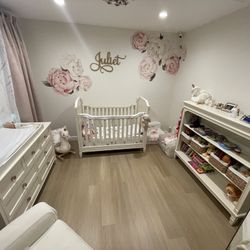 Brixy - Haven - Nursery Children’s Furniture Set (Upholstered Crib, Toddler Rail, Book Shelf, Dresser, Changing Table Top)