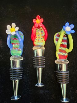 $15.00 - (3) Handblown Glass Premium Wine Bottle Stoppers - Coastal "Sandal" Design!  Each New in Boxes!