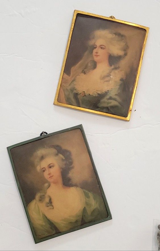 Pair Vintage Miniature Portrait Victorian Lady Art Prints Tin Metal Frame 4"x5"