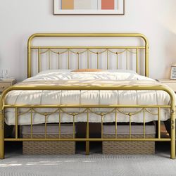Queen Size Metal Bed Frames with Vintage Headboard and Footboard, Farmhouse Metal Platform Bed, Heavy Duty Steel Slat Support, Ample Under-Bed Storage