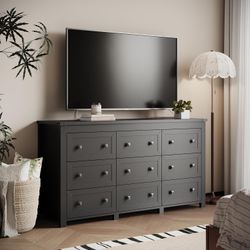 Dresser for Bedroom with 9 Drawers, Farmhouse Wood Chest of Drawers, Wide TV Stand Closet Storage Furniture with Metal Handle, Modern Clothes Organize