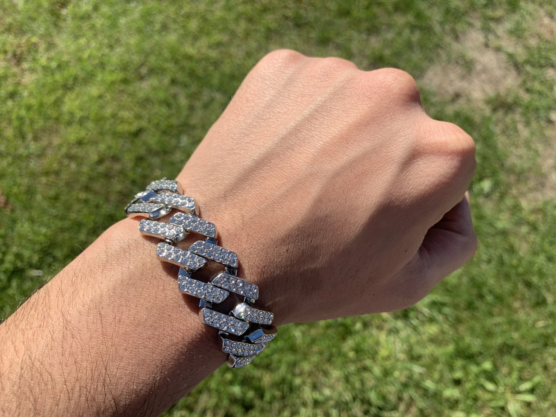 14k White Gold Plated Iced Prong Cuban Link Bracelet 20mm 8” Premium Bracelet Box Clasp