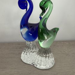 Murano Venezia Figurine Double Swan Blue / Green Made in Italy