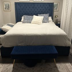 Royal Blue Velvet Cal King Bed Grand W/ 2 Matching Night Stands 