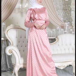 NWT Pink Polka Dot Satin Modest Maxi Dress Long Sleeve Abaya Size Xl
