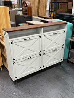 Freestanding Hidden Shoe Storage with 4 Flip Drawers and Barn Door Design, Slim Shoe Rack Dresser