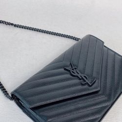 Saint Laurent YSL Monogram Wallet on Chain in Grained Leather