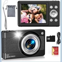 Digital Camera for Kids, FHD 1080P 56MP Autofocus Point and Shoot with 16X Zoom, 32GB TF Card, Battery, Flash, Face Detect, Anti Shake, Compact Travel