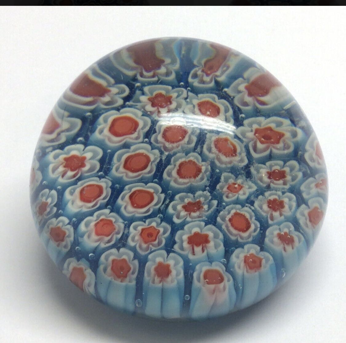 Murano Italian Hand Blown Teal Orange Glass Millefiori Flowers Round Paperweight