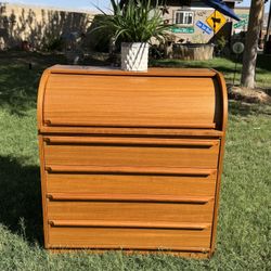 Mid Century Danish Modern Teak Wood Roll Top Secretary Desk Bureau