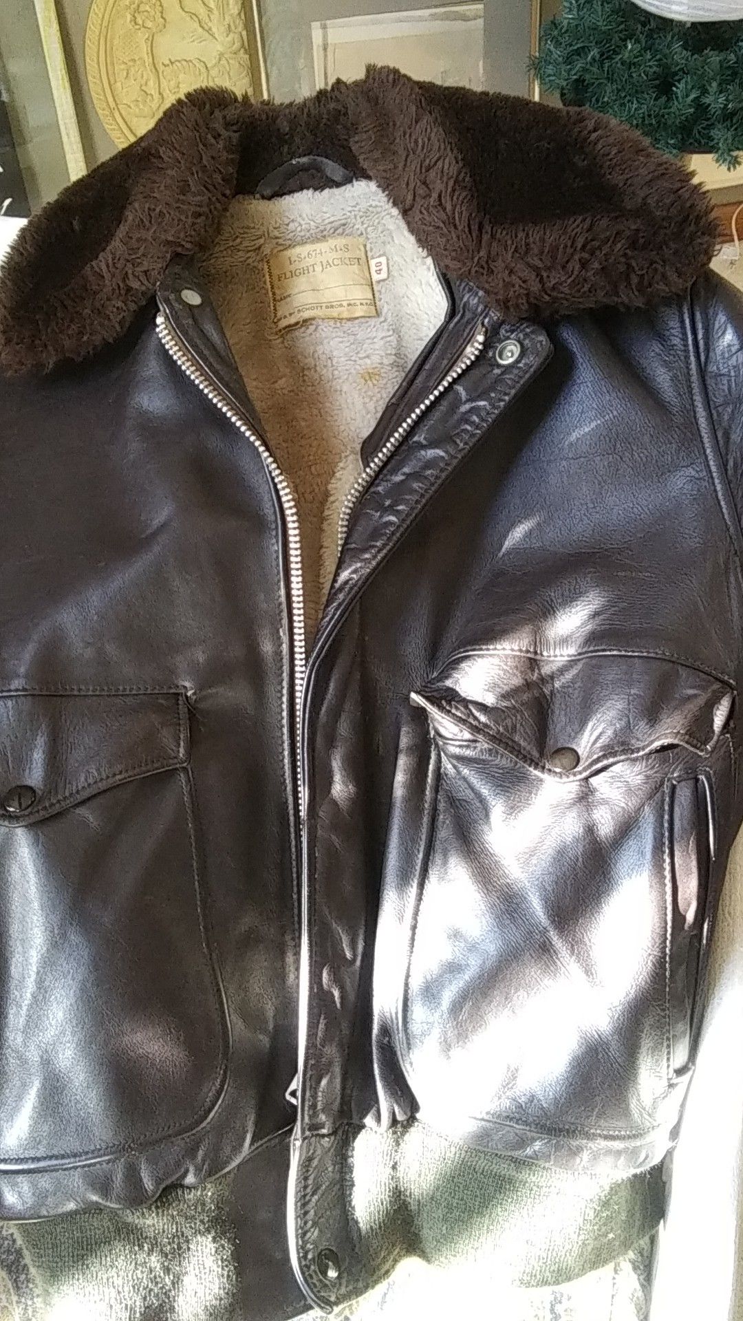 Bomber jacket authentic heavy brown leather sz 40