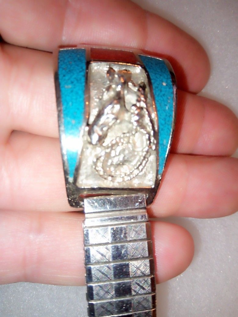 Watch Band Turquoise And Red Coral Vintage Horse Head