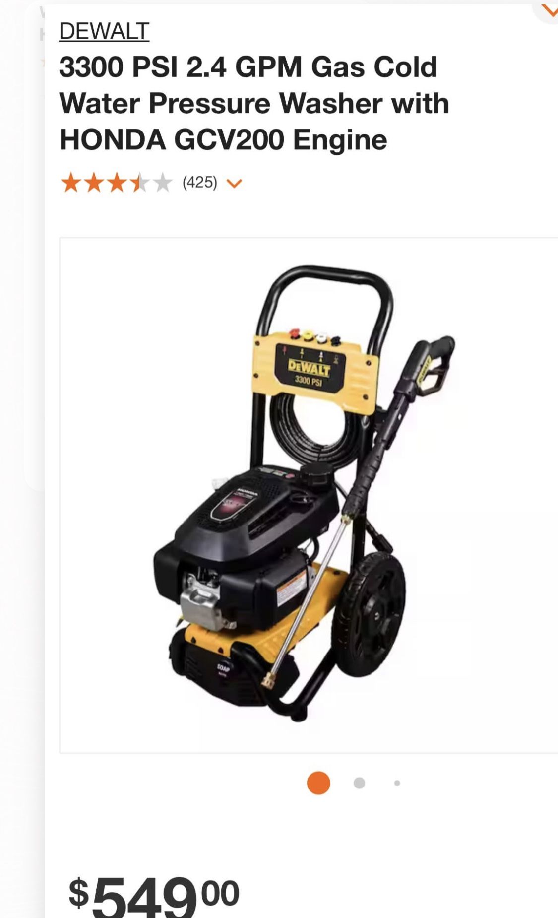 DEWALT 3300 PSI 2.4 GPM Gas Cold Water Pressure Washer with HONDA GCV200 Engine