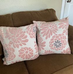 Set of 2 Beige Floral Throw Pillows – Pink Flowers, 17” x 17”