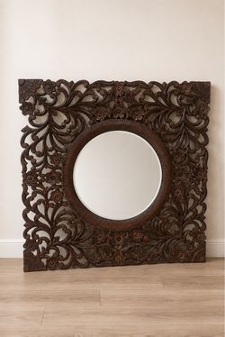 Large Hand Carved Wood Framed Round Mirror