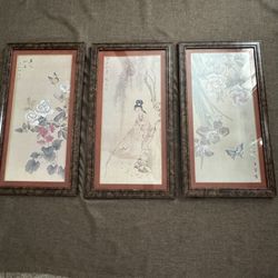 3 VTG Asian Japanese Woman Print  Geisha Fishing, butterflies flowersFramed Art 