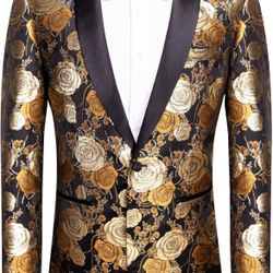 Hi-TieMen Suit Jacket Blazer One Button Slim Fit, Black/Gold Floral, Small *NEW*